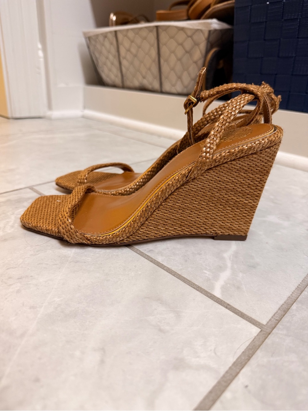 Vince Camuto Woven Cognac Tan Wedge Sandals with Ankle Strap NWOB